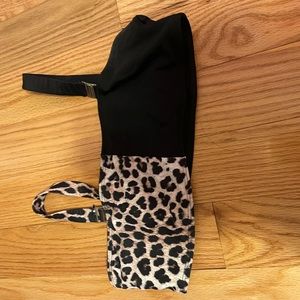 split in half between leopard print and black colored shein, bathing suit top